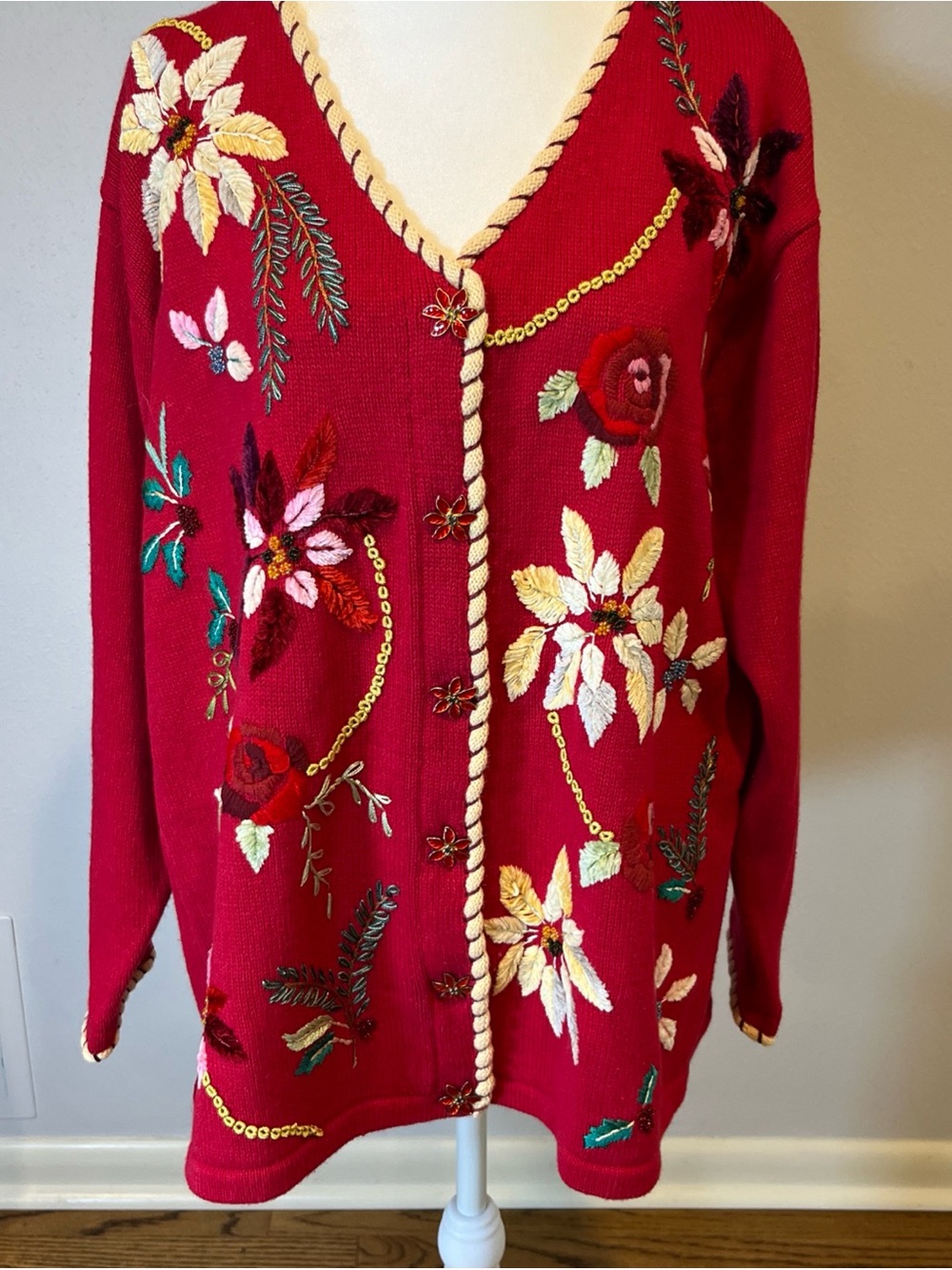 Storybook Knits Red Embroidered Floral V-Neck Cardigan